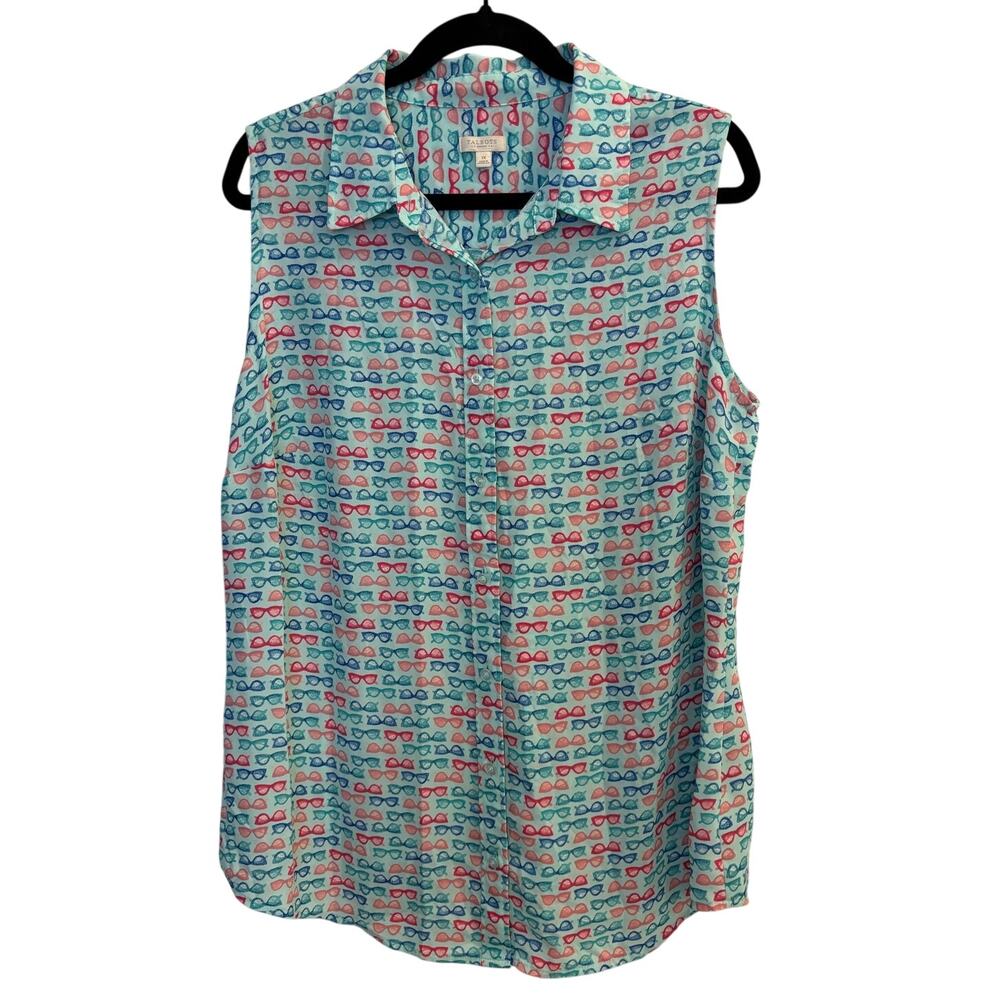 Talbots Sunglasses Novelty Print Sleeveless Button Down Blouse Blue Plus Size 1X